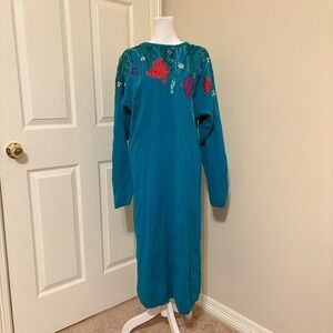 80s long teal blue sequined sweater dress lambswool floral ocean beading sequins